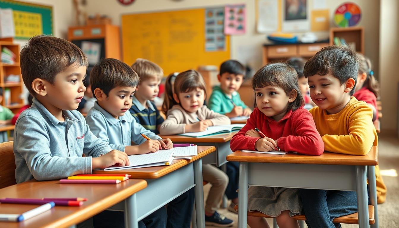 Students studying together in modern classroom